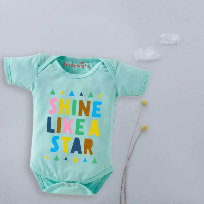 Baby First Birthday Romper Outfit for Newborns – Half Sleeve Bodysuits, Unisex Onesies with Envelop Neck, Cute “Shine Like A Star” Design