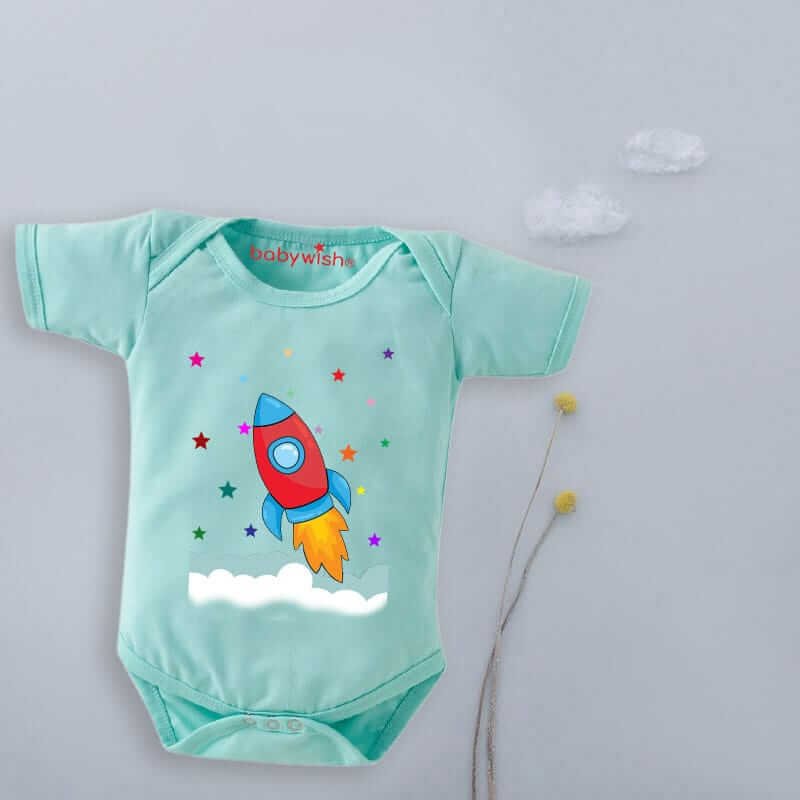 Baby First Birthday Romper Outfit for Newborns – Half Sleeve Bodysuits, Unisex Onesies with Envelop Neck, Cute “Space Ship Print” Design