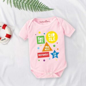 Baby Girl Pink Cotton Romper with Educational Shapes Print | Soft Newborn Baby Onesie Bodysuit for Infants Pink Color 0-12 Months | Babywish
