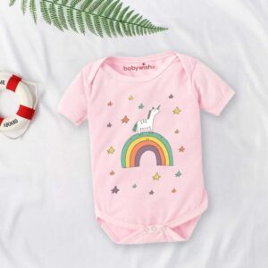 Unicorn Rainbow Print Baby Romper for Newborn Baby Girl, Cute Infant Bodysuit for Daily Wear, 0-12 Months, Pink Color | Babywish