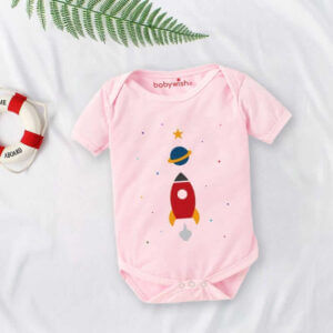 Rocket Print Cotton Onesie Bodysuit, Soft Comfortable Newborn Romper | Pink Color, 0-12 Months | Babywish