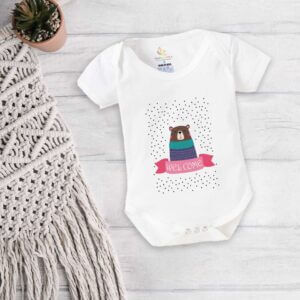 Welcome Bear Print Baby Bodysuit for Newborn Babies, Cute Cartoon Bear Baby Romper for Boys & Girls, White Color 0-12 Months | Babywish