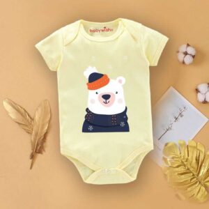 Cute Bear Print Baby Romper for Newborn Baby Boy & Girl, Comfortable Infant Bodysuit for Daily Wear, 0-12 Months, Light Yellow Color | Babywish