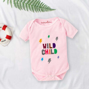 Wild Child Baby Romper for Newborn Girls, Soft Cotton Half Sleeve Onesie, Cute Printed Infant Bodysuit, Comfortable Summer Wear for Babies, Pink Color | 0-12 Months | Babywish
