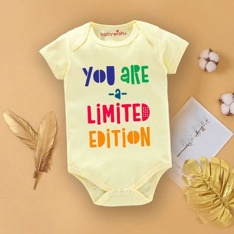 Baby First Birthday Romper Outfit for Newborns – Half Sleeve Bodysuits, Unisex Onesies with Envelop Neck, Adorable “You are Limited Editions” Print