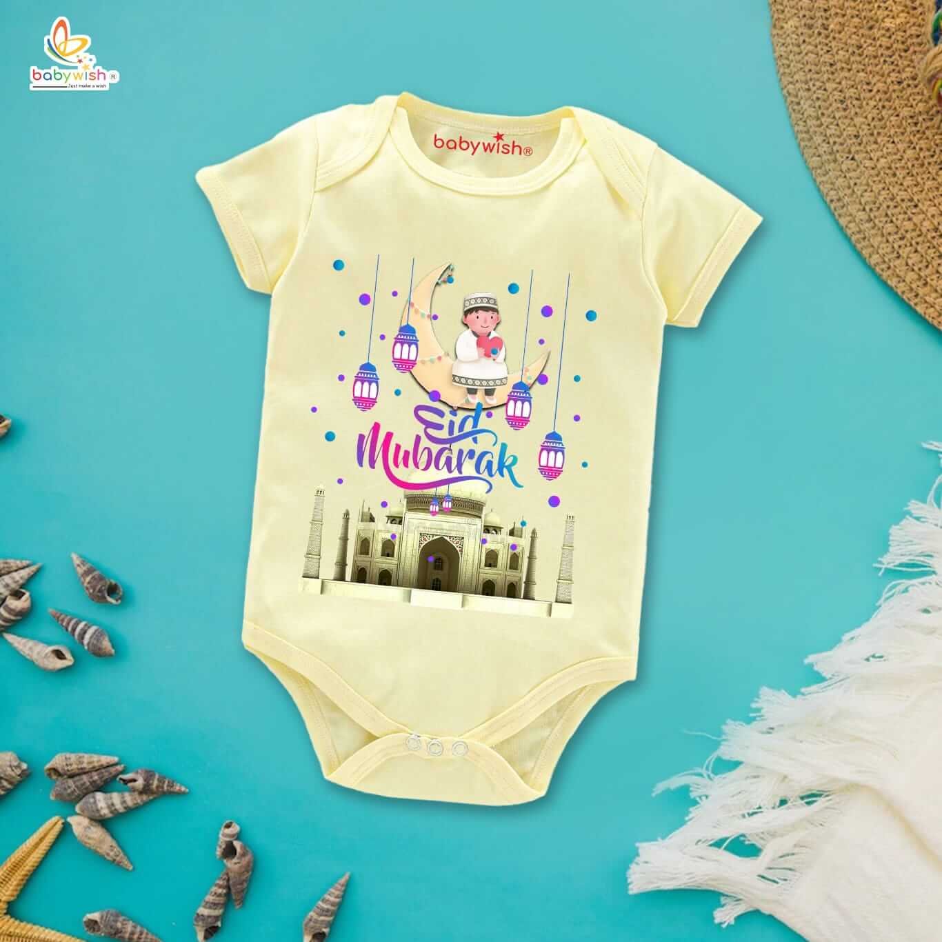 Baby First Eid Romper Clothes | Newborn Ramadan Festival Bodysuits | Unisex Half Sleeve Onesies | “Eid Mubarak Taj Mahal Print”