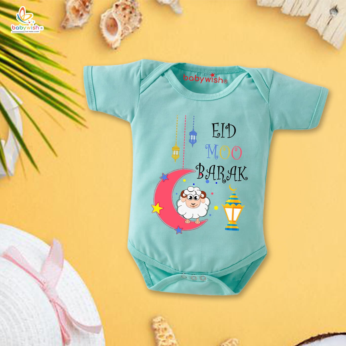 Baby First Eid Romper Clothes | Newborn Ramadan Festival Bodysuits | Unisex Half Sleeve Onesies for Boys & Girls | Soft Cotton Outfit “Eid Moo Barak”