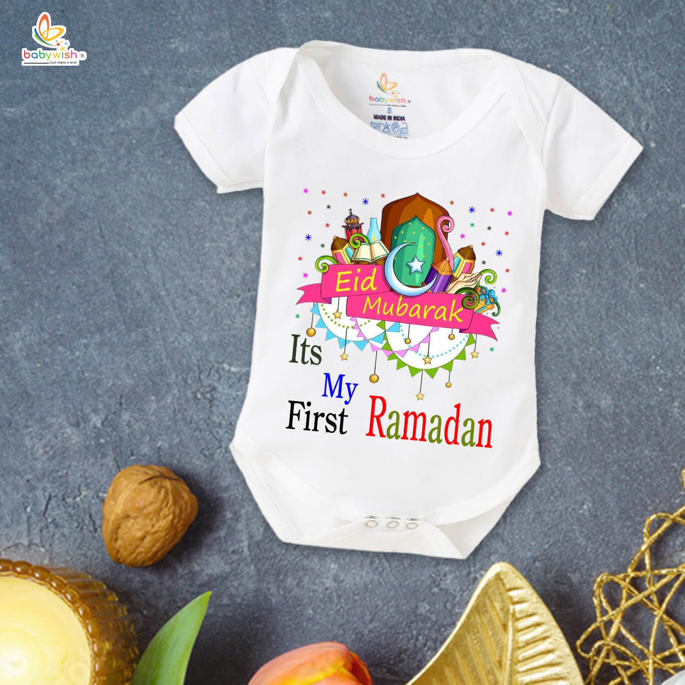 Baby First Eid Romper Clothes | Newborn Ramadan Festival Bodysuits | Unisex Half Sleeve Onesies for Boys & Girls | “It's My First Ramadan”
