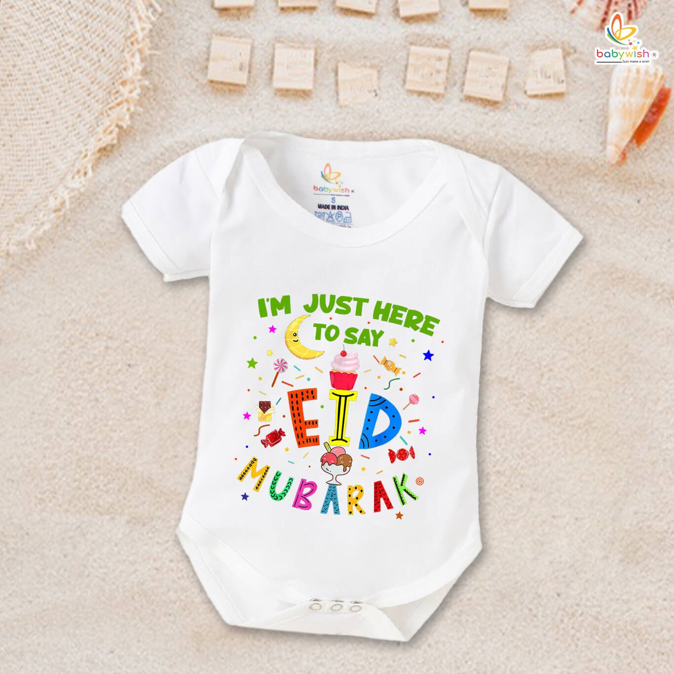 Baby First Eid Romper Clothes | Newborn Ramadan Festival Bodysuits | Unisex Half Sleeve Onesies for Boys & Girls | Soft Cotton Outfit “Just to Say Eid Mubarak”