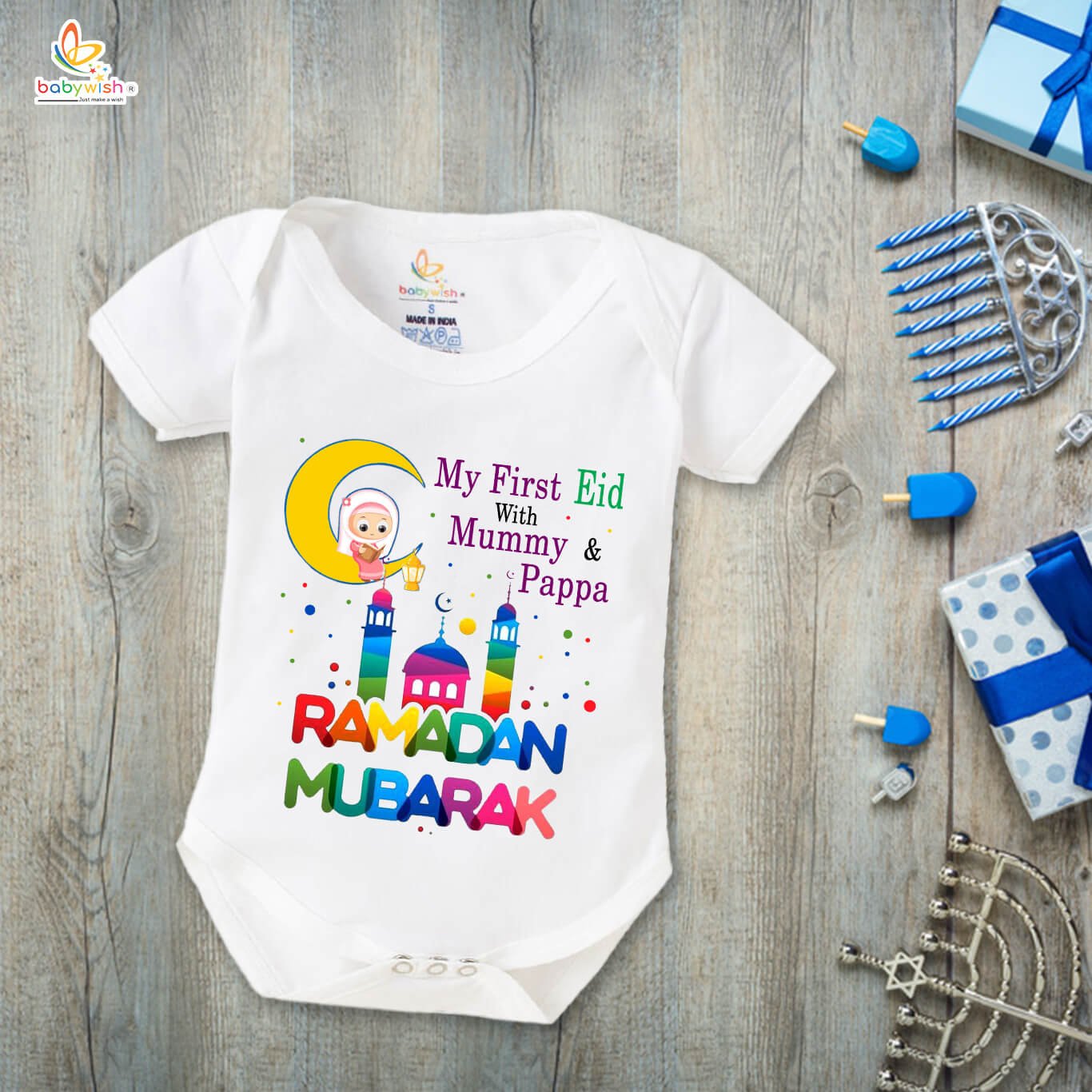 Baby First Eid Romper Clothes | Newborn Ramadan Festival Bodysuits | Unisex Half Sleeve Onesies for Boys & Girls | “My First Eid with Mummy & Papa”