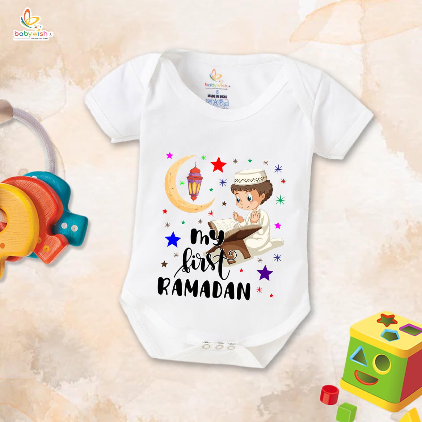 Baby First Eid Romper Clothes | Newborn Ramadan Festival Bodysuits | Unisex Half Sleeve Onesies for Boys & Girls | “My First Ramadan Coloring Romper”