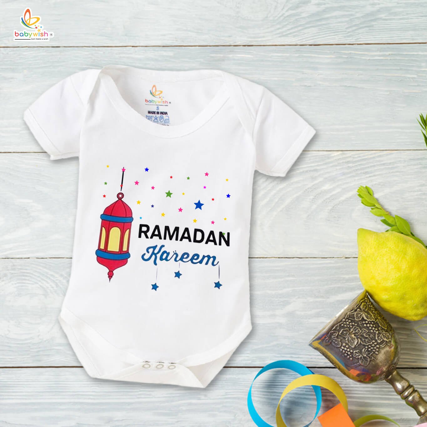 Baby First Eid Romper Clothes | Newborn Ramadan Festival Bodysuits | Unisex Half Sleeve Onesies for Boys & Girls | Soft Cotton Outfit “Ramadan Kareem”