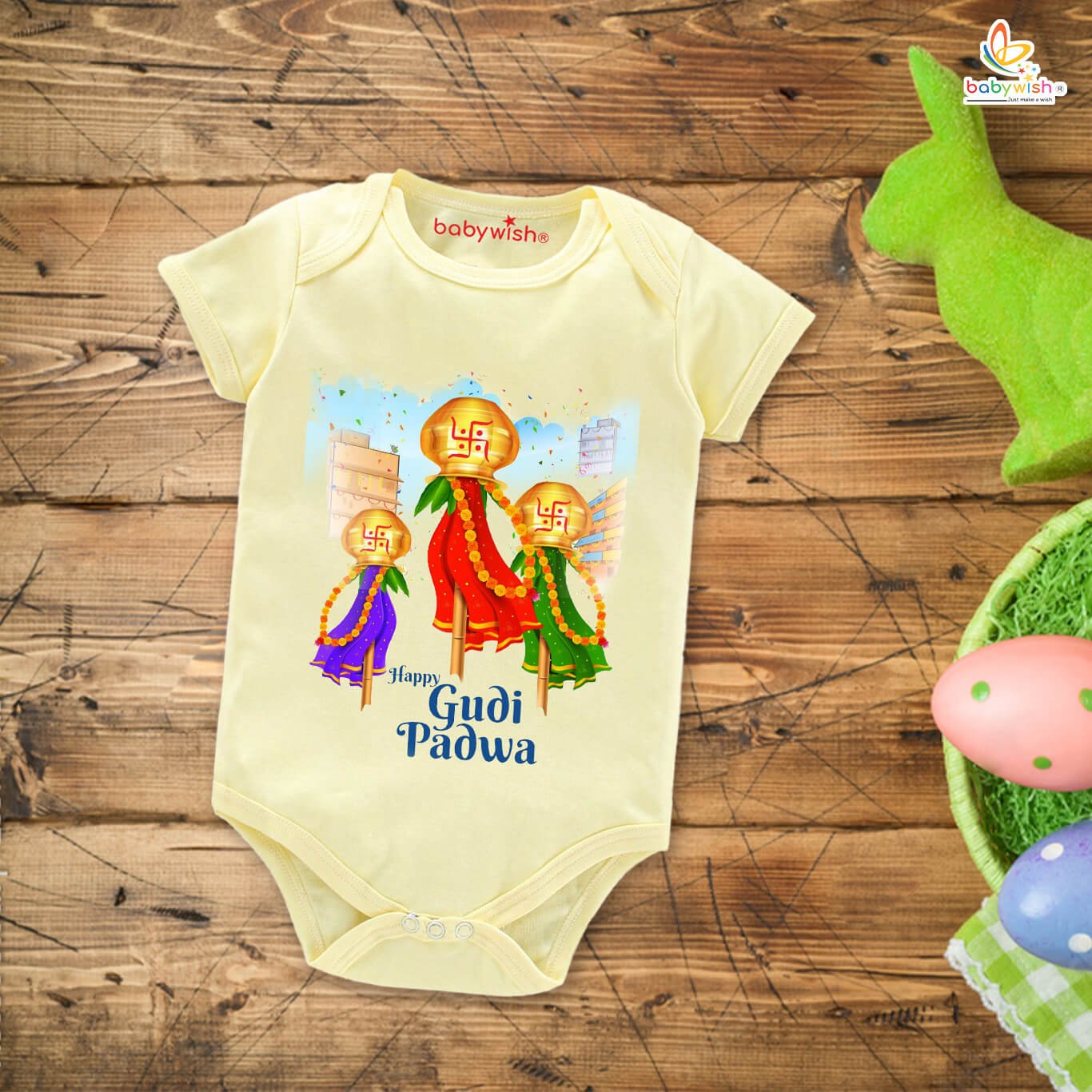 Baby First Gudi Padwa Romper Clothes – Newborn Festival Bodysuit with Envelope Neck, Half Sleeve Unisex Onesie “Celebrating Gudi Padwa” Perfect Baby Outfit for Gudi Padwa