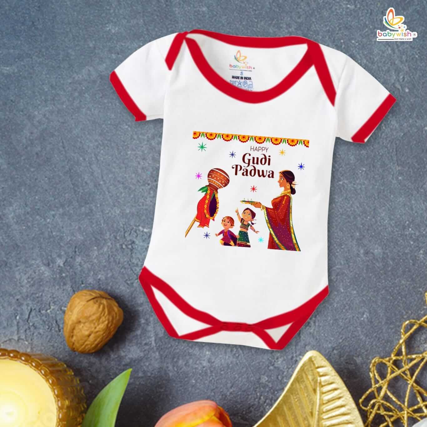 Baby First Gudi Padwa Romper Clothes Baby gudi padwa festival Bodysuits Newborn Outfit Envelop Neck Half Sleeve Unisex Onesies "Happy Gudi Padwa"