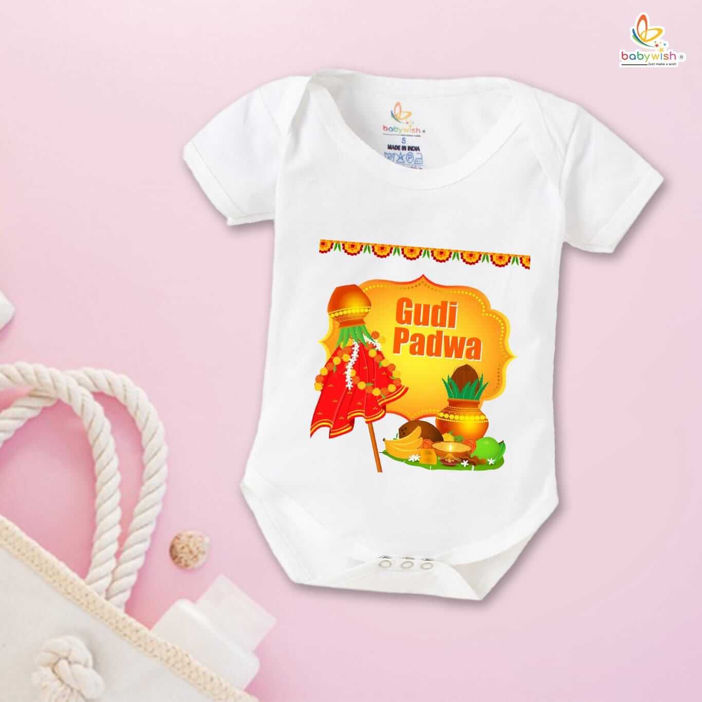 Baby First Gudi Padwa Romper Clothes Baby gudi padwa festival Bodysuits Newborn Outfit Envelop Neck Half Sleeve Unisex Onesies "Worship on Gudi Padwa Festival"