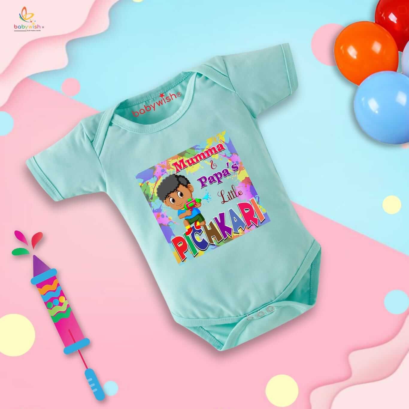 Baby First Holi Romper Clothes | Baby Holi Festival Bodysuits | Newborn Outfit Envelop Neck Half Sleeve Unisex Onesies “Boy Playing with Pichkari”
