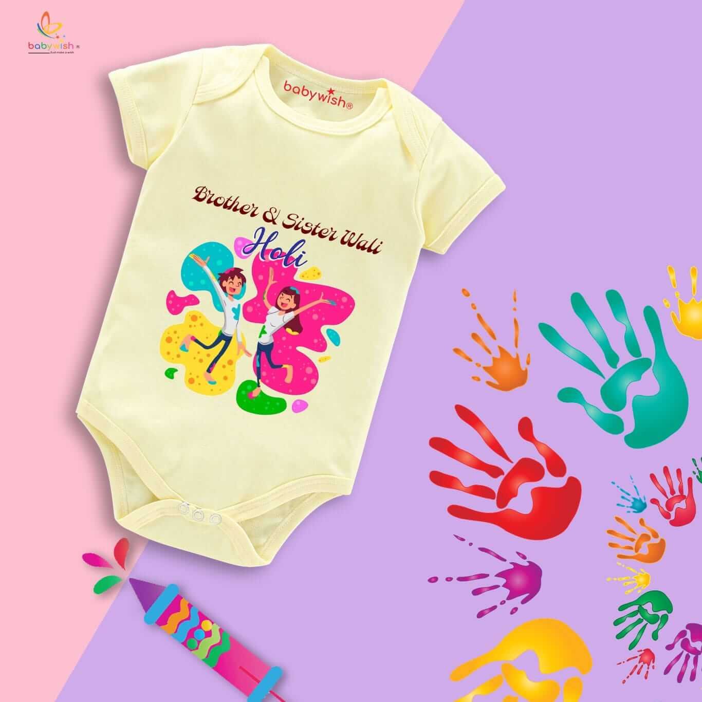 Baby First Holi Romper Clothes | Baby Holi Festival Bodysuits | Newborn Outfit Envelop Neck Half Sleeve Unisex Onesies “Brother's & Sister Wali Holi”