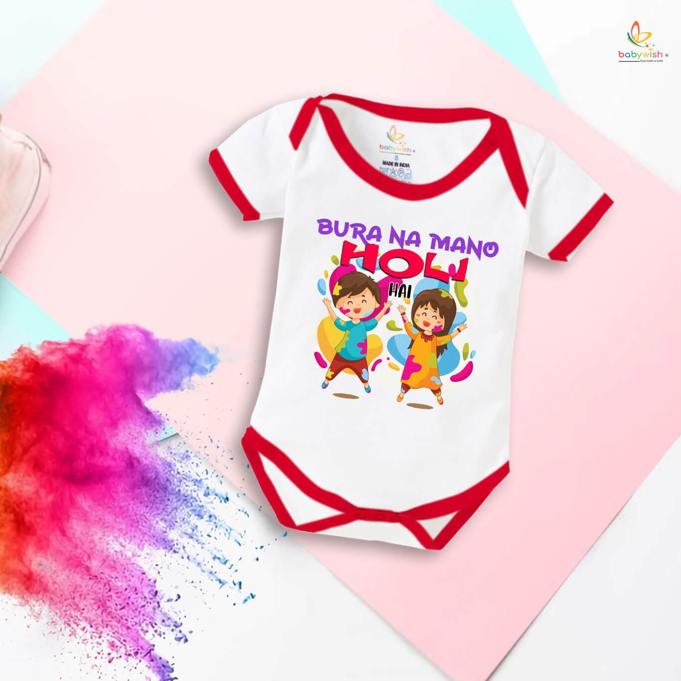 Baby First Holi Romper Clothes | Baby Holi Festival Bodysuits | Newborn Outfit Envelop Neck Half Sleeve Unisex Onesies “Bura Na Mano It's Festival”