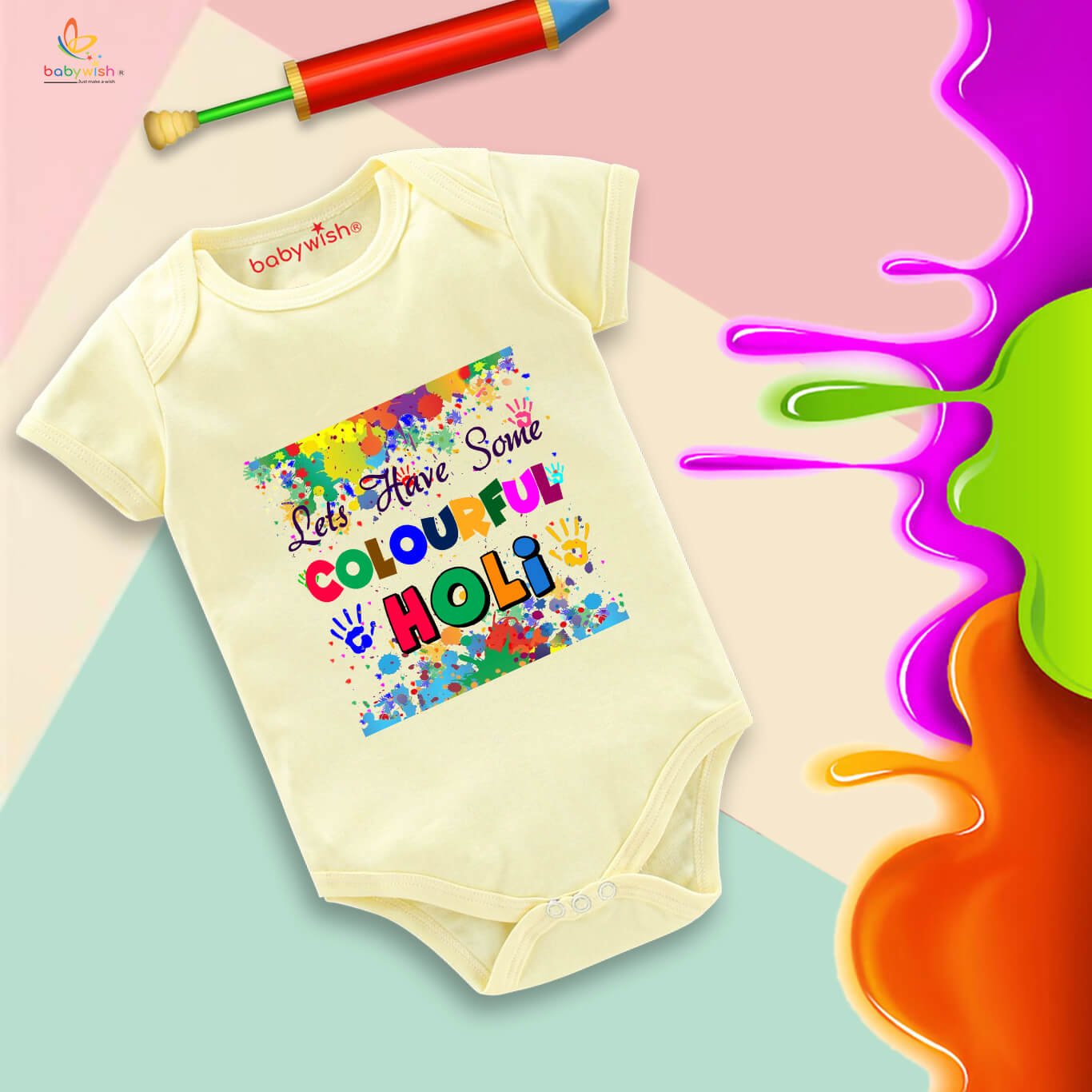 Baby First Holi Romper Clothes | Baby Holi Festival Bodysuits | Newborn Outfit Envelop Neck Half Sleeve Unisex Onesies “Colorful Holi Enjoy”