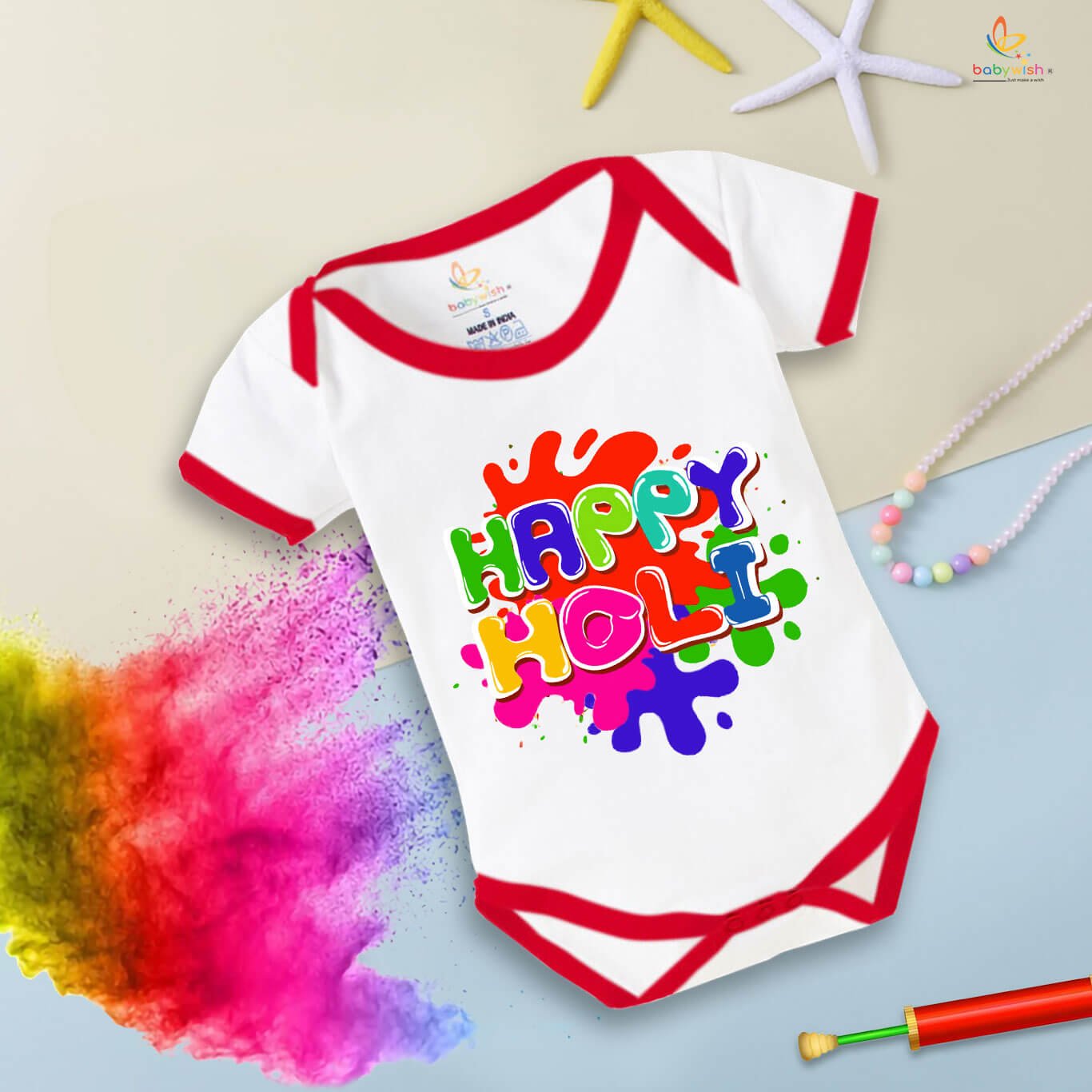 Baby First Holi Romper Clothes | Baby Holi Festival Bodysuits | Newborn Outfit Envelop Neck Half Sleeve Unisex Onesies “Colorful Holi”