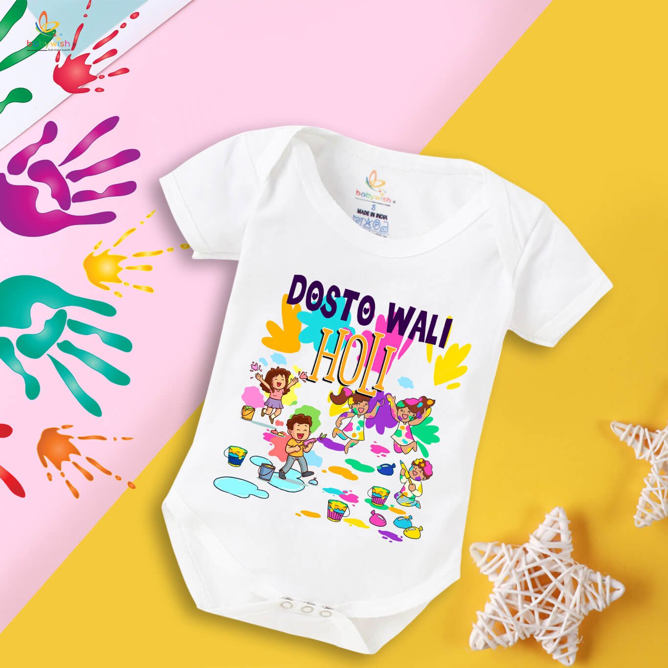 Baby First Holi Romper Clothes | Baby Holi Festival Bodysuits | Newborn Outfit Envelop Neck Half Sleeve Unisex Onesies “Dosto Wali Group Holi”