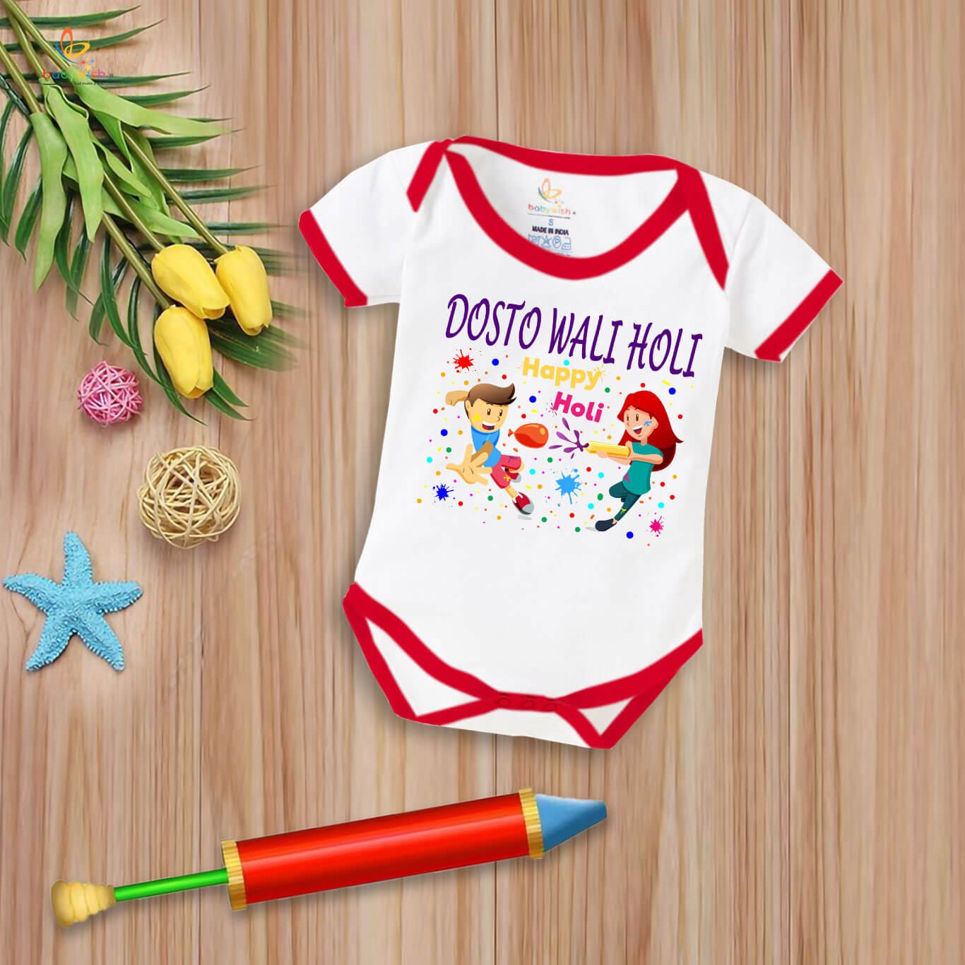 Baby First Holi Romper Clothes | Baby Holi Festival Bodysuits | Newborn Outfit Envelop Neck Half Sleeve Unisex Onesies “Dosto Wali Holi Festival”