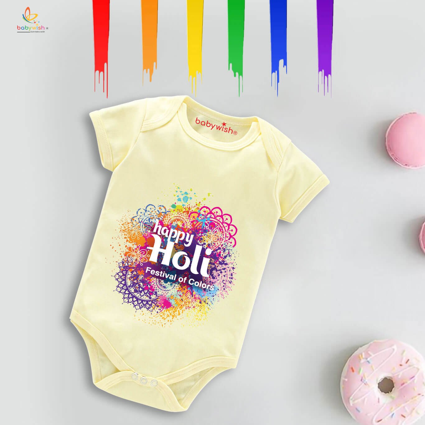 Baby First Holi Romper Clothes | Baby Holi Festival Bodysuits | Newborn Outfit Envelop Neck Half Sleeve Unisex Onesies “Festival Of Color”