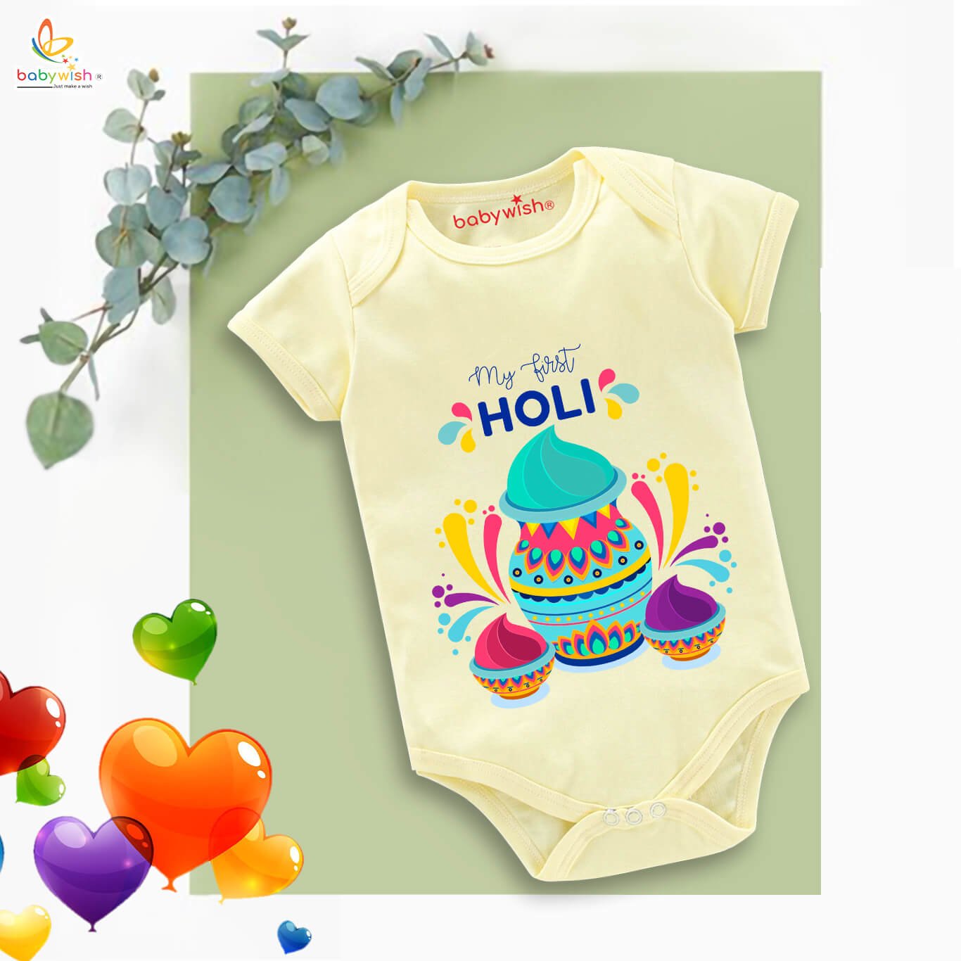 Baby First Holi Romper Clothes | Holi Festival Bodysuits | Newborn Outfit | Envelop Neck Half Sleeve Unisex Onesies | “First Colorful Holi” Design
