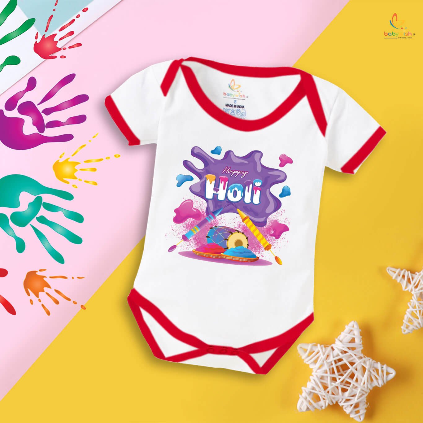 Baby First Holi Romper Clothes | Baby Holi Festival Bodysuits | Newborn Outfit Envelop Neck Half Sleeve Unisex Onesies “Flying Holi Color”