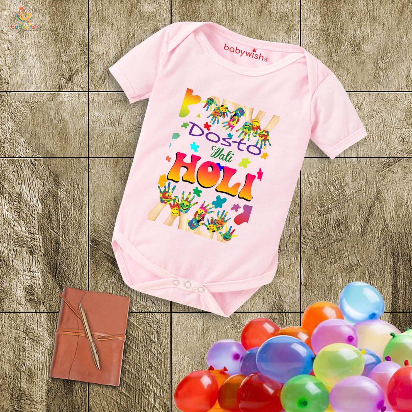 Baby First Holi Romper Clothes | Baby Holi Festival Bodysuits | Newborn Outfit Envelop Neck Half Sleeve Unisex Onesies “Friendship Holi Festivals”