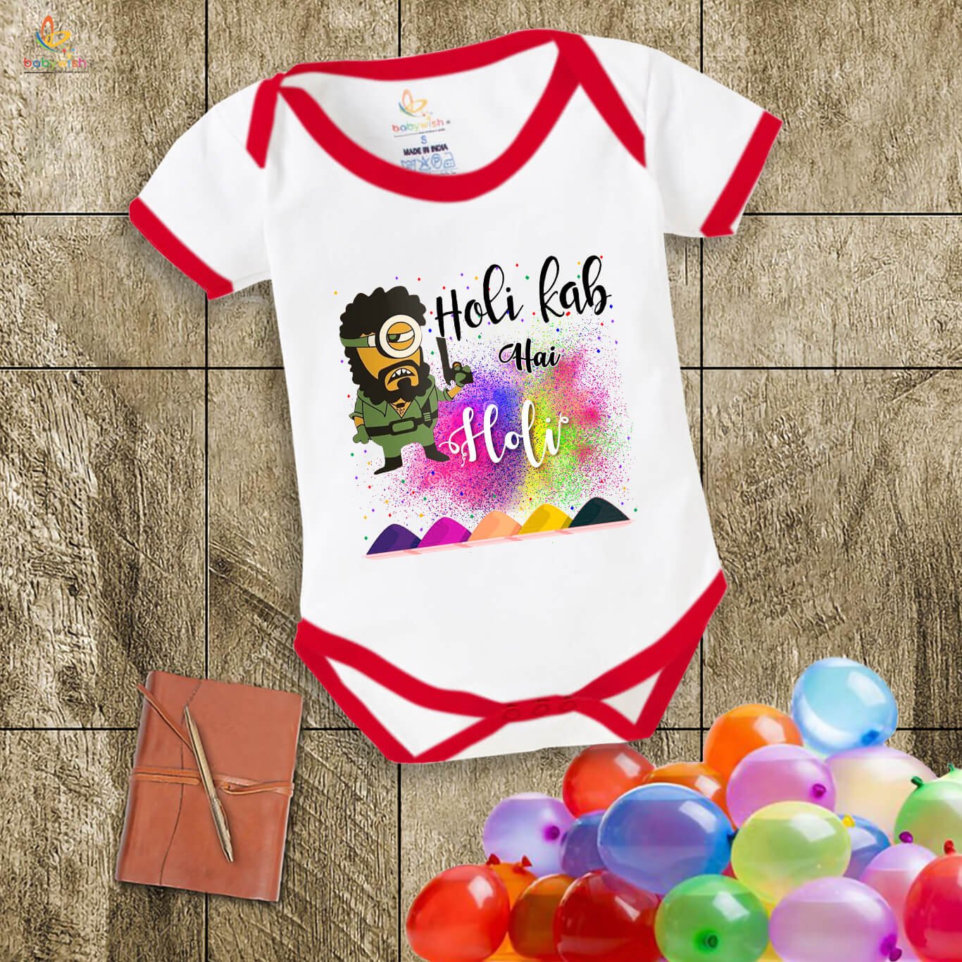 Baby First Holi Romper Clothes | Baby Holi Festival Bodysuits | Newborn Outfit Envelop Neck Half Sleeve Unisex Onesies “Gabbar Printed on Holi”