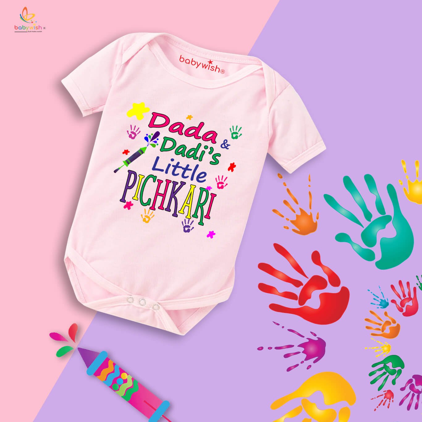 Baby First Holi Romper Clothes | Baby Holi Festival Bodysuits | Newborn Outfit Envelop Neck Half Sleeve Unisex Onesies “Grandpa's Little Pichkari”