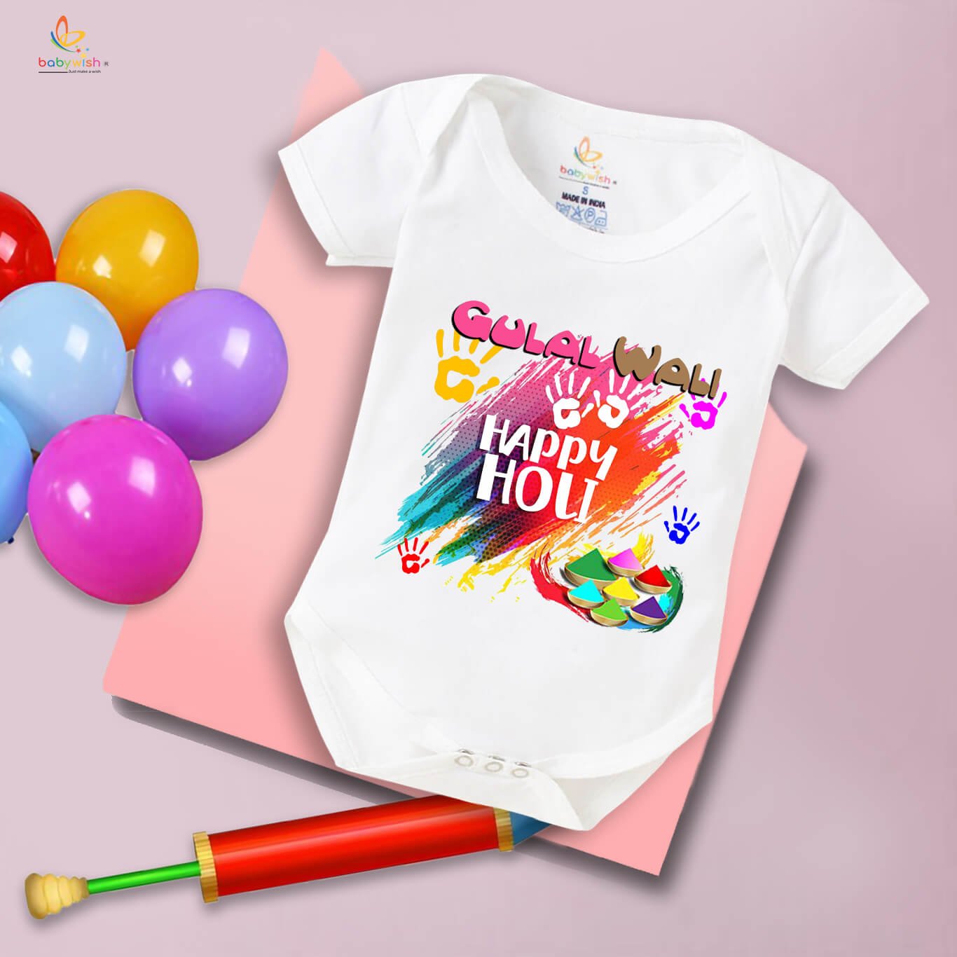 Baby First Holi Romper Clothes | Baby Holi Festival Bodysuits | Newborn Outfit Envelop Neck Half Sleeve Unisex Onesies “Gulal Wali Happy Holi”