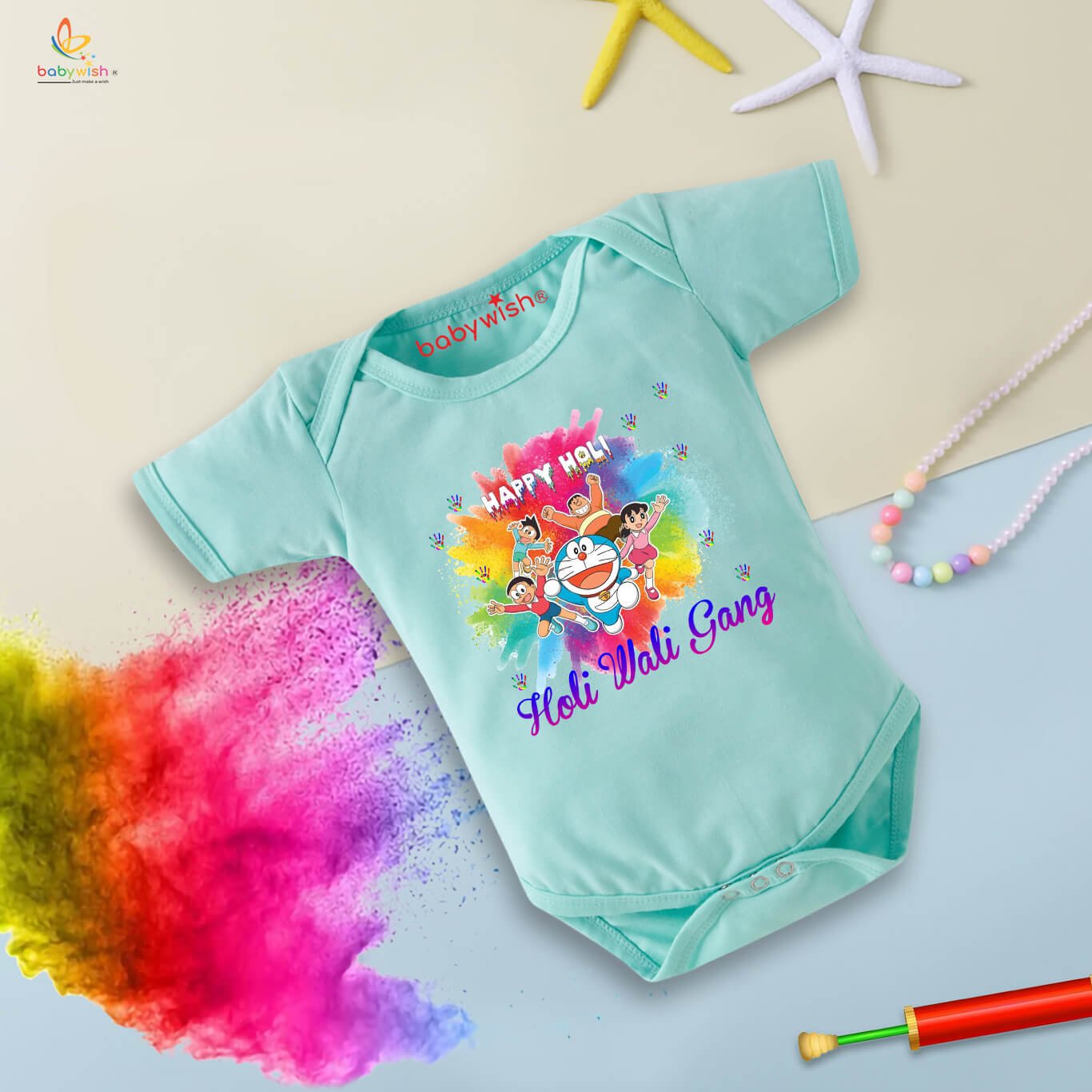 Baby First Holi Romper Clothes | Baby Holi Festival Bodysuits | Newborn Outfit Envelop Neck Half Sleeve Unisex Onesies “Happy Holi Cartoon Print”