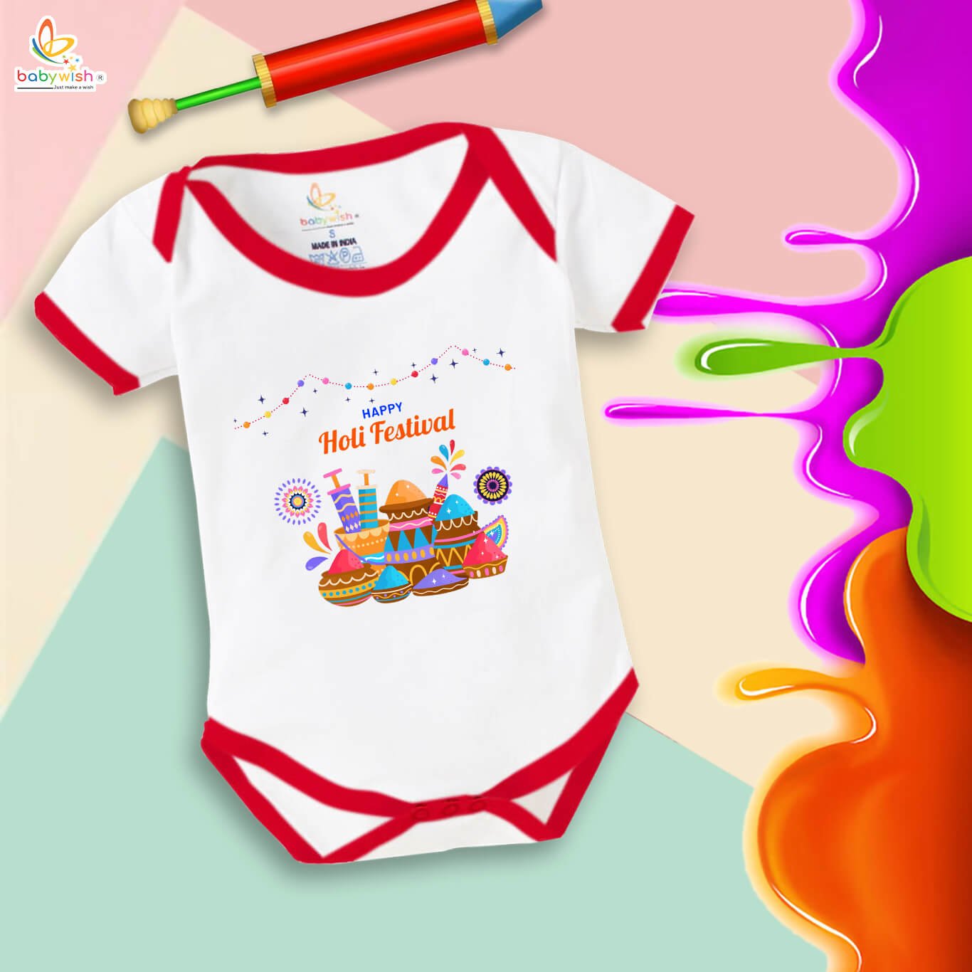 Baby First Holi Romper Clothes | Holi Festival Bodysuits | Newborn Outfit | Envelop Neck Half Sleeve Unisex Onesies | “Happy Holi Festivals Watergun” Design