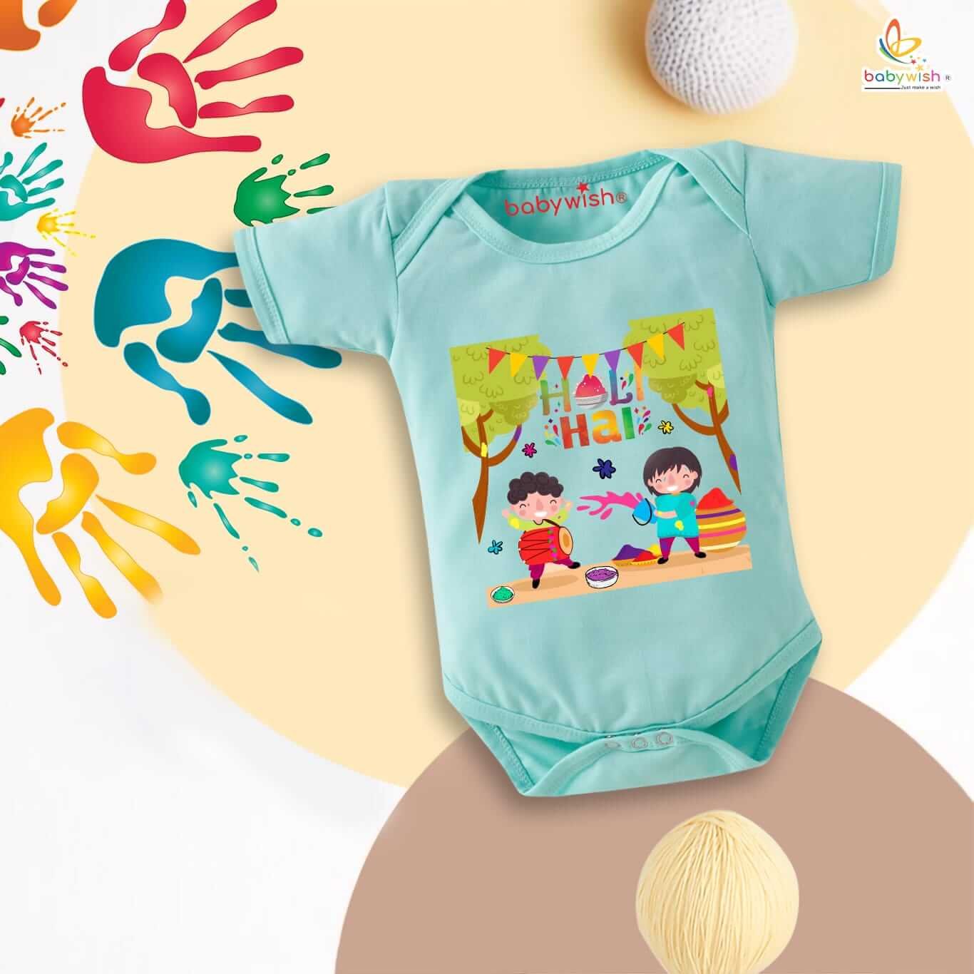Baby First Holi Romper Clothes | Holi Festival Bodysuits | Newborn Outfit | Envelop Neck Half Sleeve Unisex Onesies | “Happy Holi Hai Dosto” Print Design