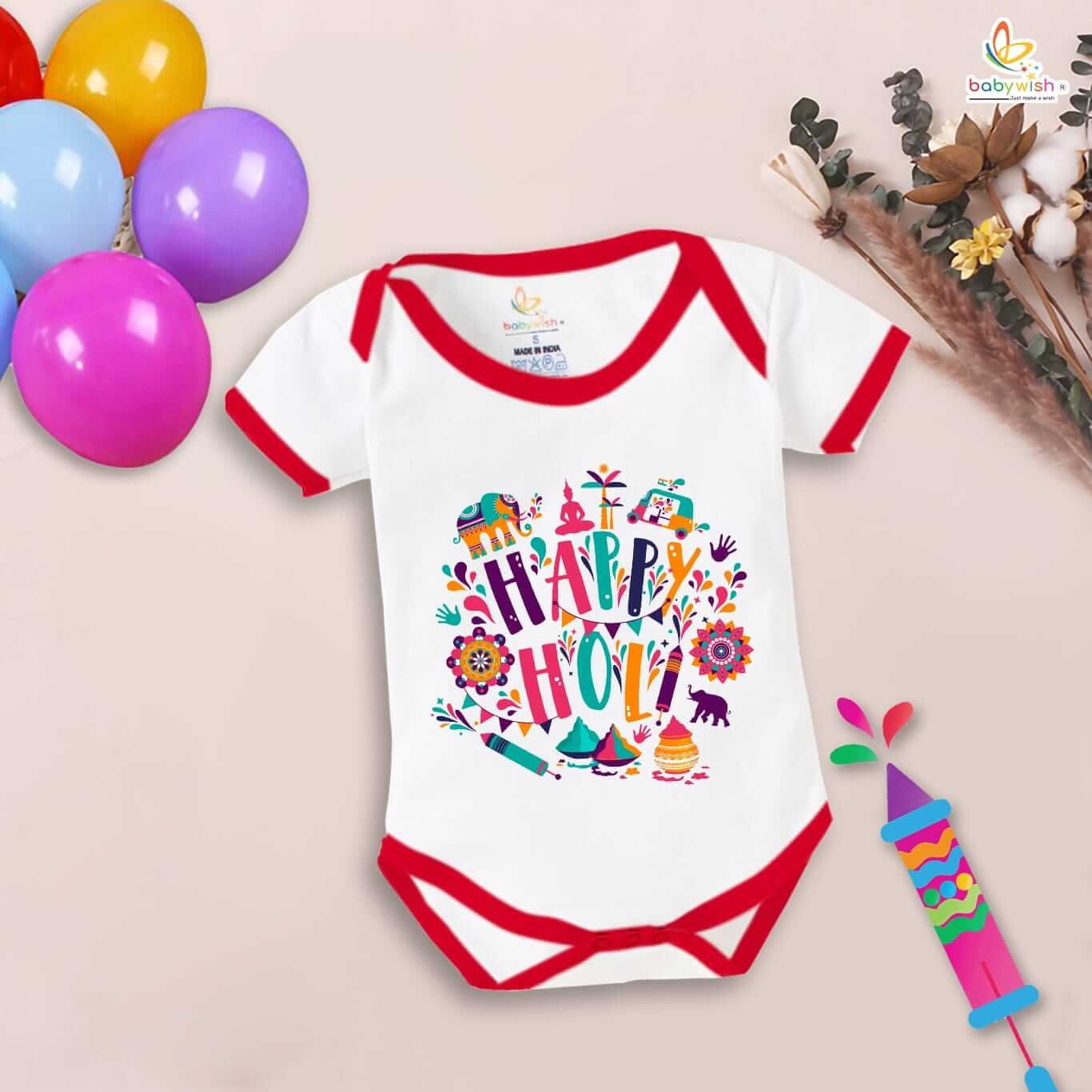 Baby First Holi Romper Clothes | Holi Festival Bodysuits | Newborn Outfit | Envelop Neck Half Sleeve Unisex Onesies | “Happy Holi Jungle Print” Design