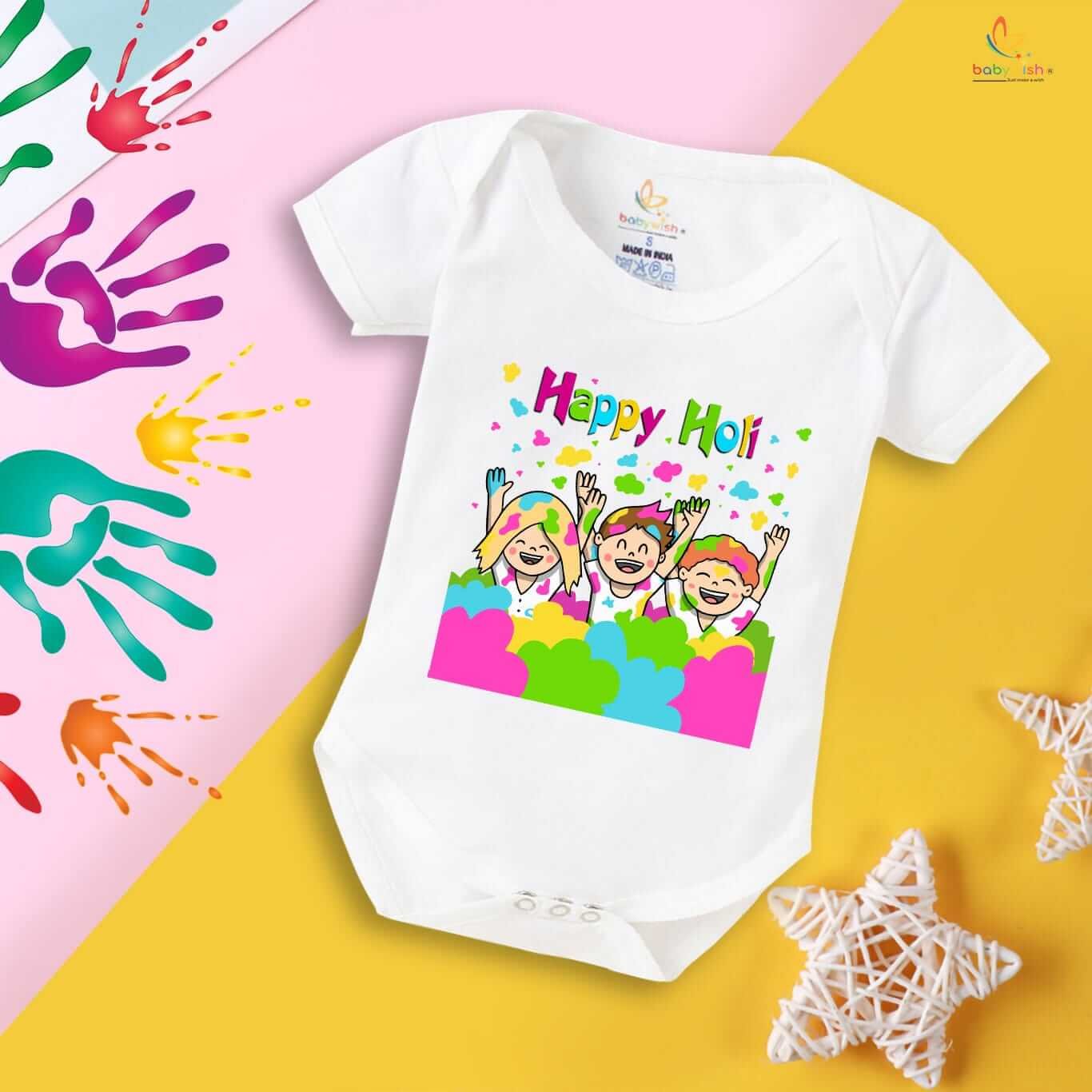 Baby First Holi Romper Clothes | Baby Holi Festival Bodysuits | Newborn Outfit Envelop Neck Half Sleeve Unisex Onesies “Happy Holi”