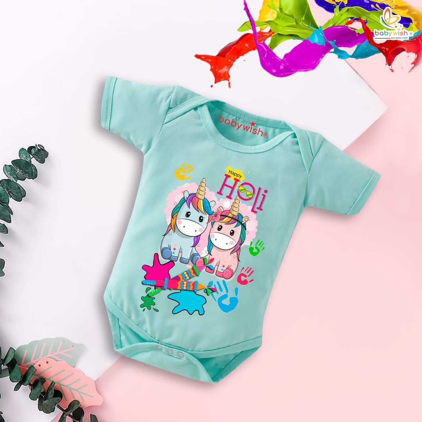 Baby First Holi Romper Clothes | Holi Festival Bodysuits | Newborn Outfit | Envelop Neck Half Sleeve Unisex Onesies | “Holi Celebrations with Unicorn” Design