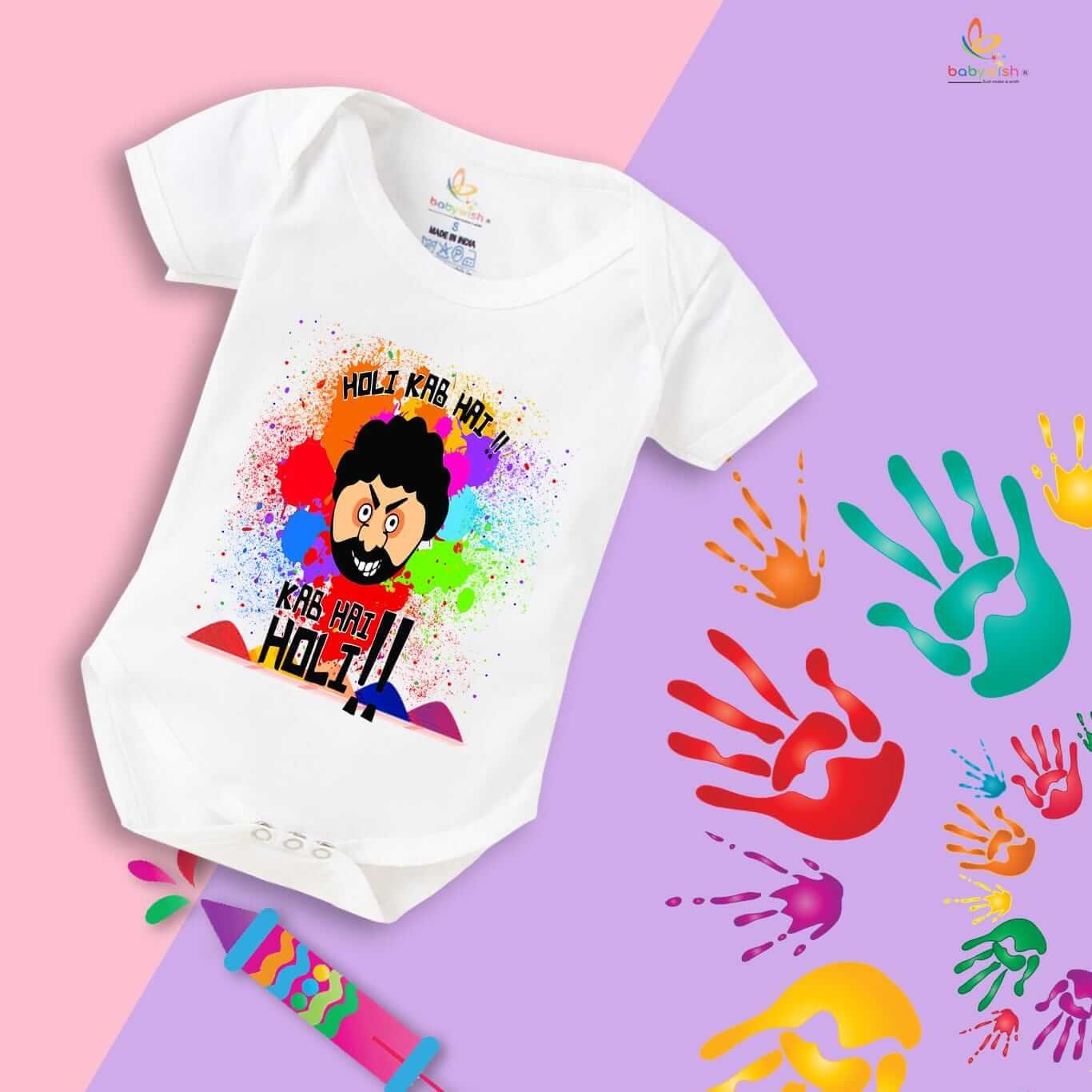 Baby First Holi Romper Clothes | Baby Holi Festival Bodysuits | Newborn Outfit Envelop Neck Half Sleeve Unisex Onesies “Holi Kab Hai Kab Hai Holi”