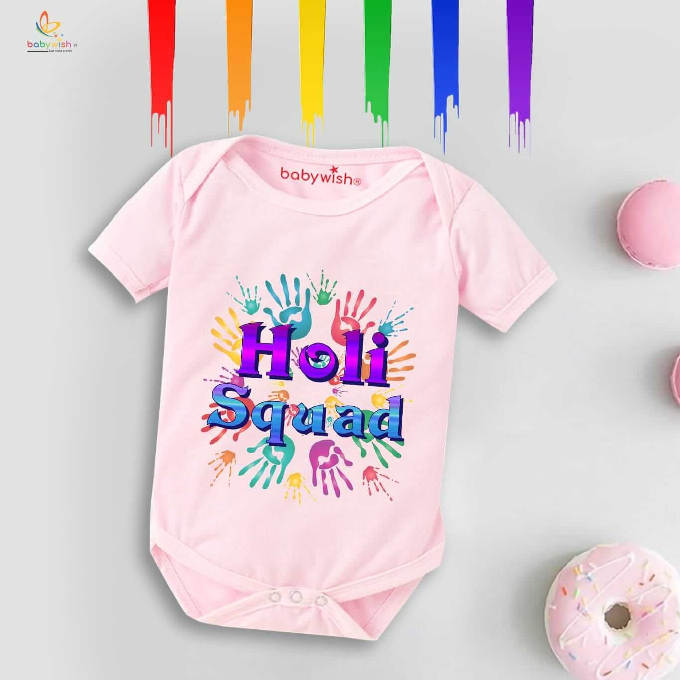 Baby First Holi Romper Clothes | Baby Holi Festival Bodysuits | Newborn Outfit Envelop Neck Half Sleeve Unisex Onesies “Holi Wali Squad Print”