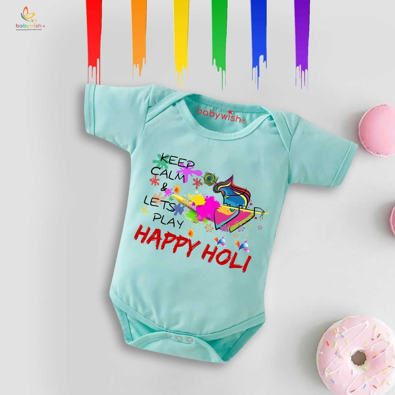 Baby First Holi Romper Clothes | Baby Holi Festival Bodysuits | Newborn Outfit Envelop Neck Half Sleeve Unisex Onesies “Keep Calm It's Holi”