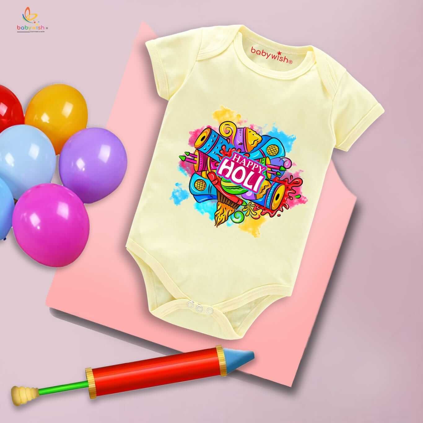 Baby First Holi Romper Clothes | Baby Holi Festival Bodysuits | Newborn Outfit Envelop Neck Half Sleeve Unisex Onesies “Music in Holi”