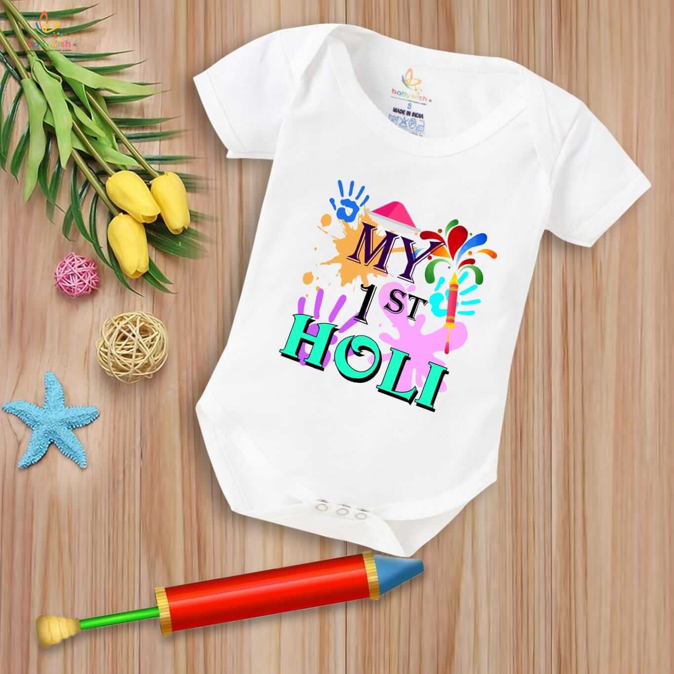 Baby First Holi Romper Clothes | Baby Holi Festival Bodysuits | Newborn Outfit Envelop Neck Half Sleeve Unisex Onesies “My 1st Holi Print Color”