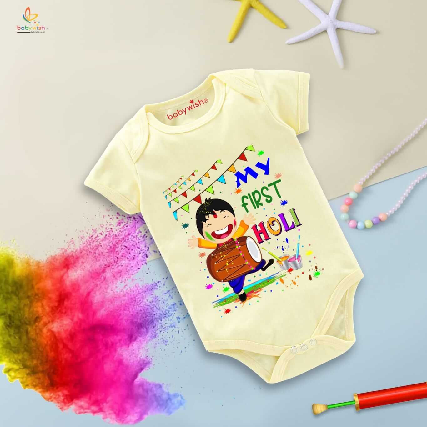Baby First Holi Romper Clothes | Baby Holi Festival Bodysuits | Newborn Outfit Envelop Neck Half Sleeve Unisex Onesies “My First Holi with Music”