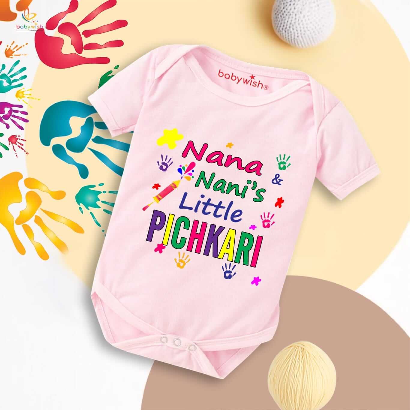 Baby First Holi Romper Clothes | Baby Holi Festival Bodysuits | Newborn Outfit Envelop Neck Half Sleeve Unisex Onesies “Nana's Nani Little Pichkari”