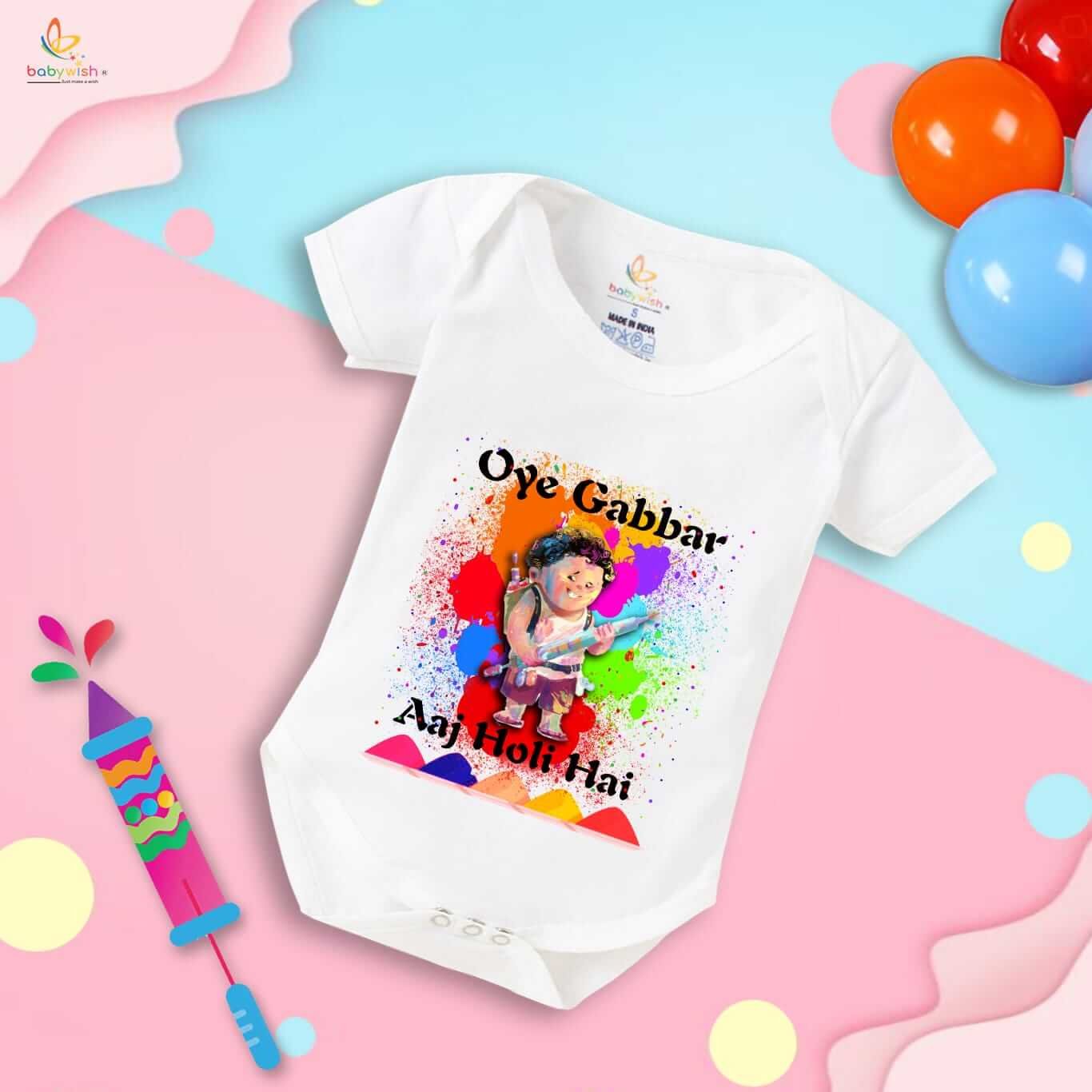 Baby First Holi Romper Clothes | Baby Holi Festival Bodysuits | Newborn Outfit Envelop Neck Half Sleeve Unisex Onesies “Oye Gabbar Aaj Holi Hai”