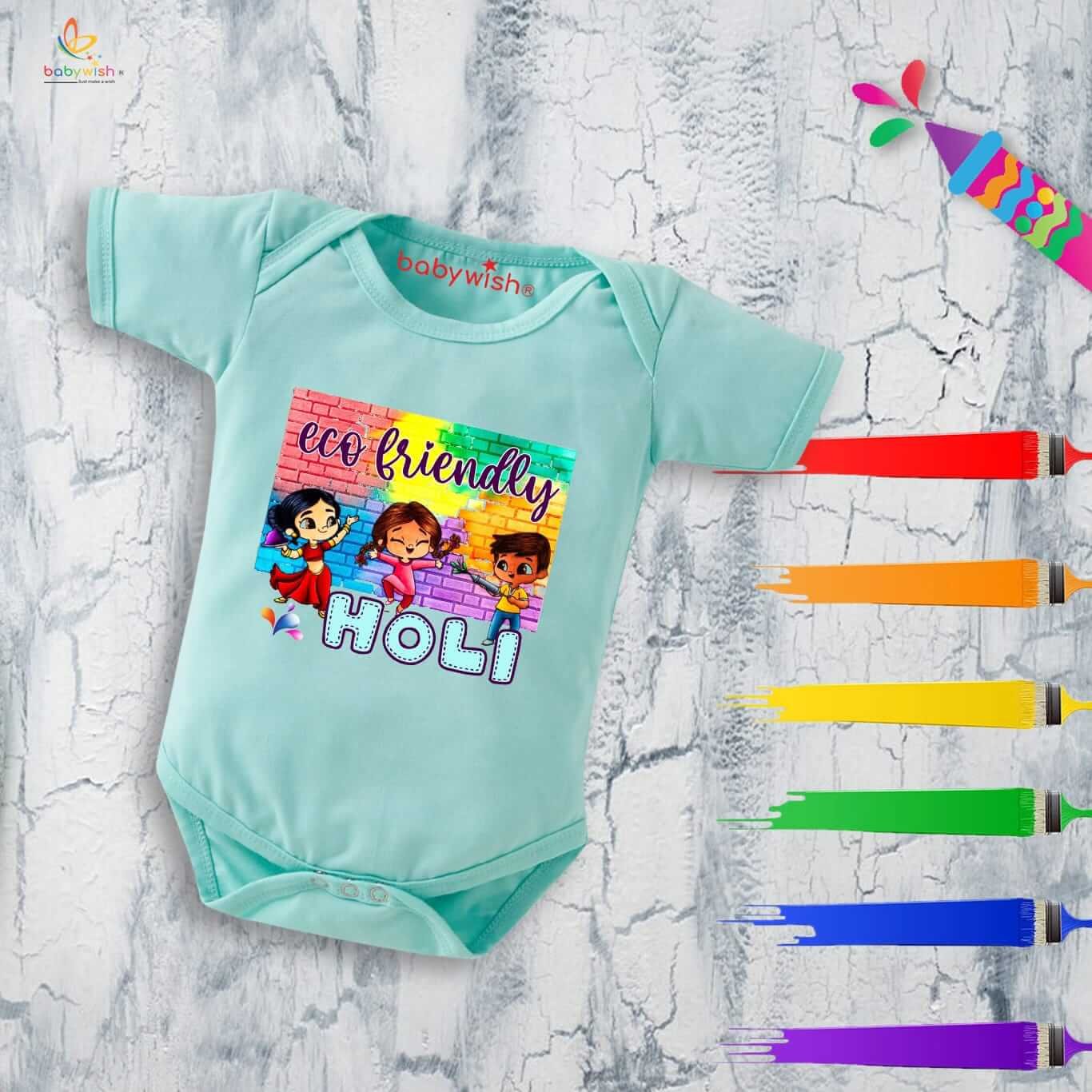 Baby First Holi Romper Clothes | Baby Holi Festival Bodysuits | Newborn Outfit Envelop Neck Half Sleeve Unisex Onesies “Play Ecofriendly Holi”