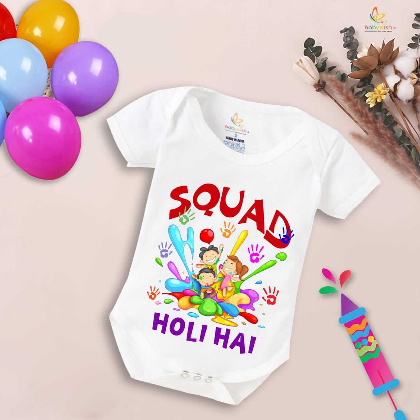 Baby First Holi Romper Clothes | Baby Holi Festival Bodysuits | Newborn Outfit Envelop Neck Half Sleeve Unisex Onesies “Squad me Holi”
