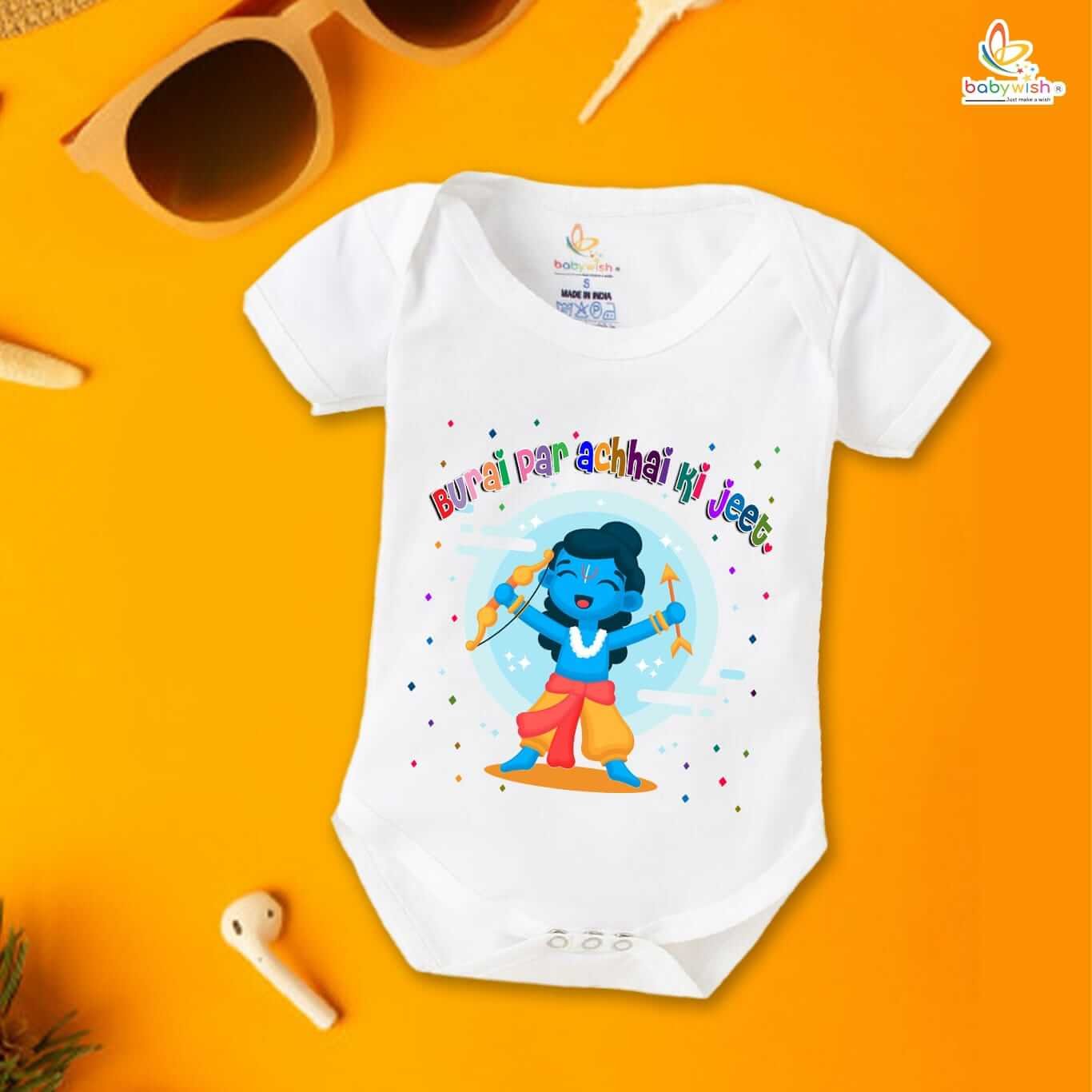 Baby First Ramnavmi Romper | Newborn Navratri Festival Bodysuits | Unisex Cotton Half Sleeve Baby Onesies with Envelope Neck | Burai Par Achhai Ki Jeet Printed Outfit for Kids